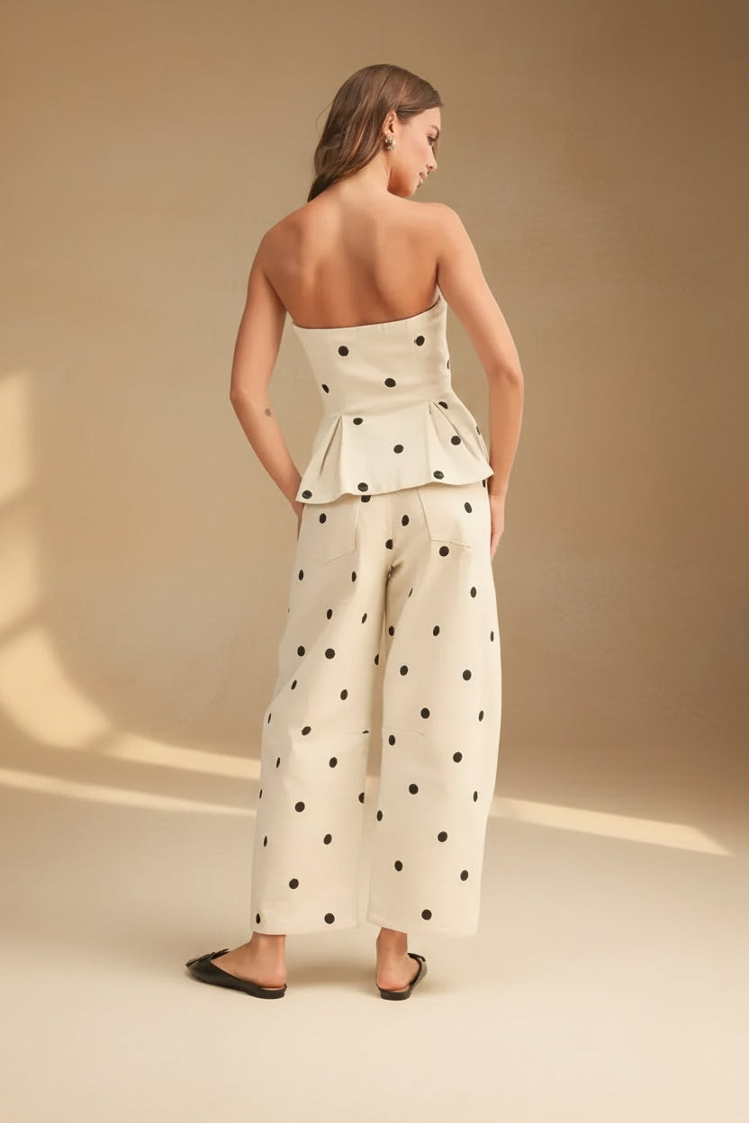 Cream Polka Dot Strapless Peplum Top