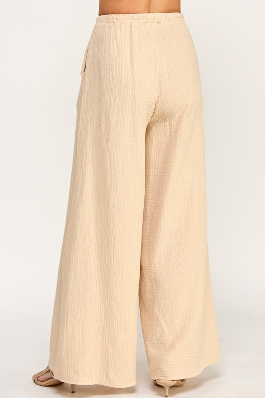 Beige Cotton Wide Leg Pants
