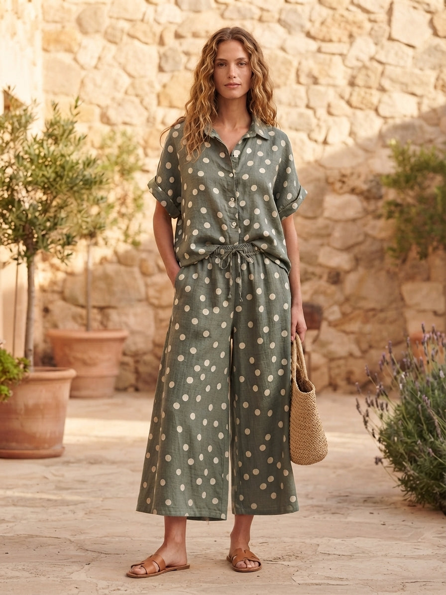 Forest Green Polka Dot Linen Top