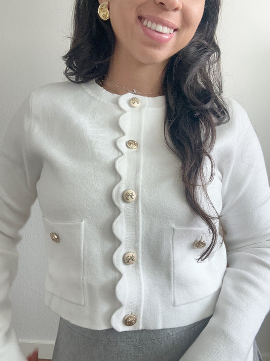 White Cardi + Bow Buttons