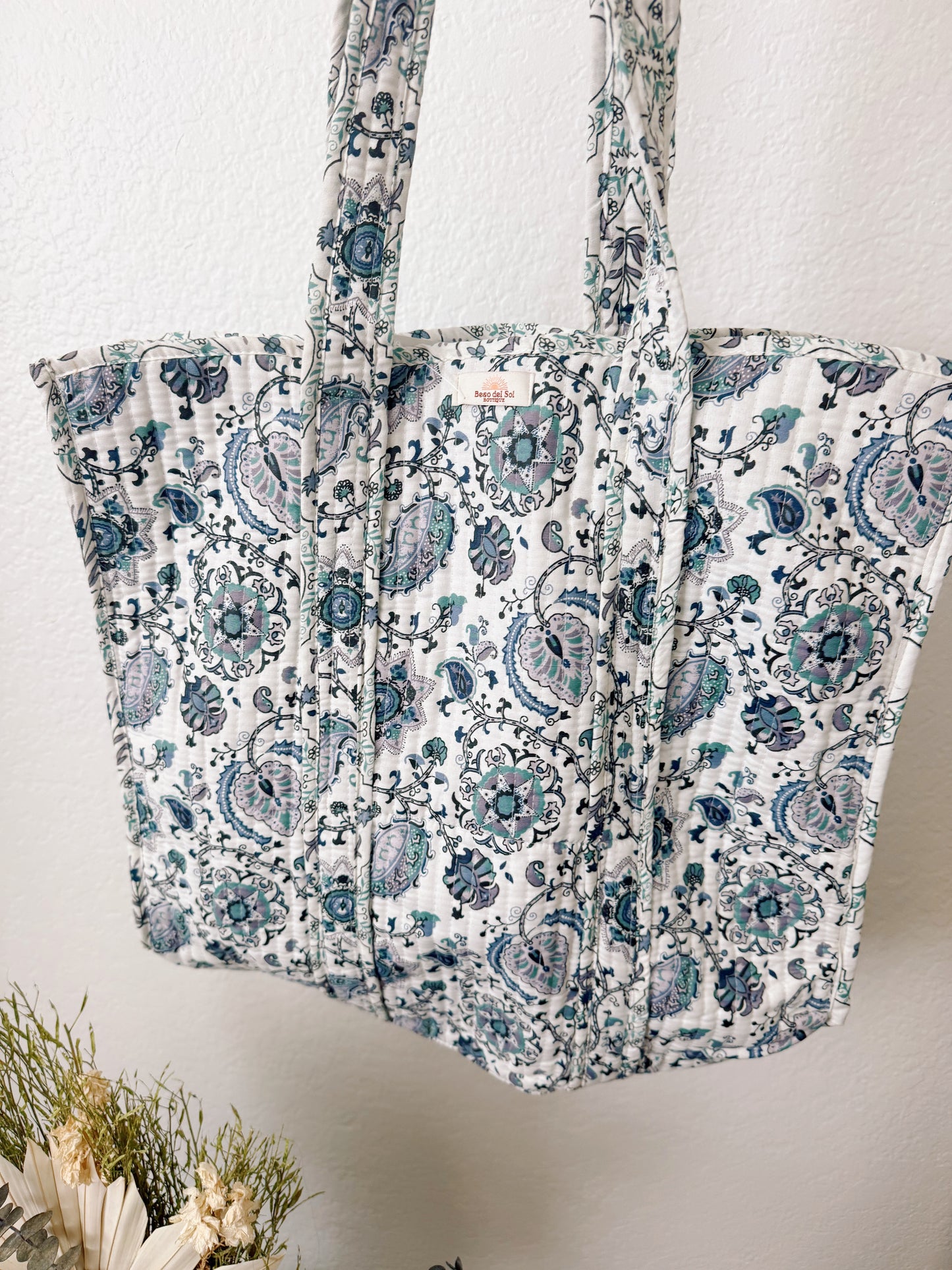 Blue Floral Quilted Tote
