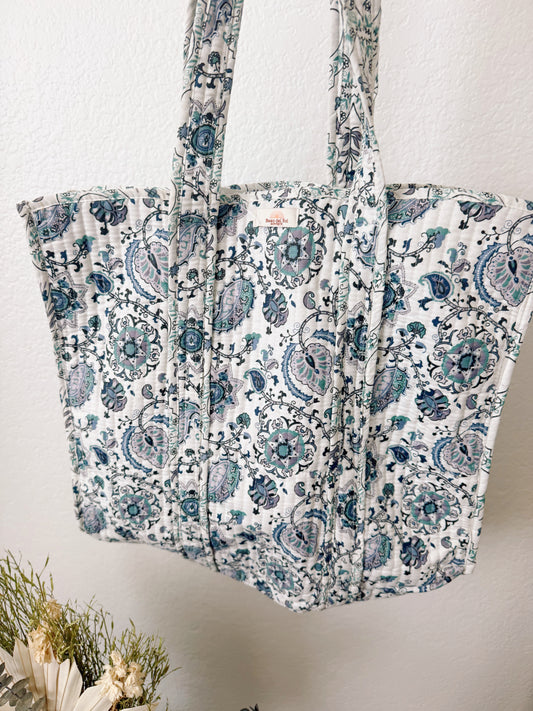 Blue Floral Quilted Tote