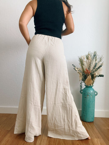 Beige Cotton Wide Leg Pants