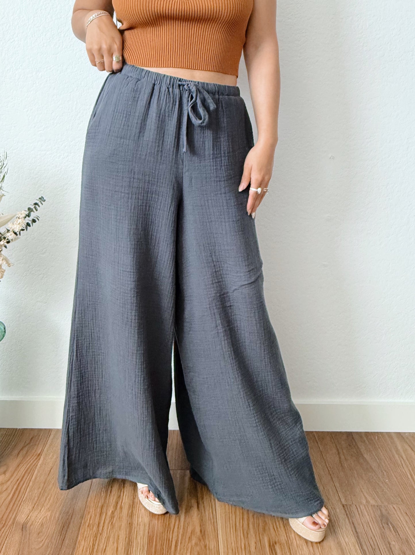 Charcoal Cotton Wide Leg Pants