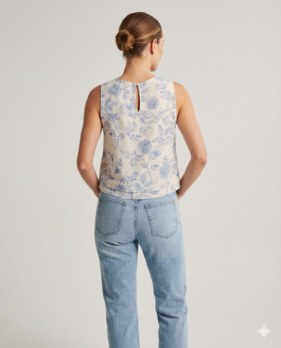 Blue Rose Linen Top