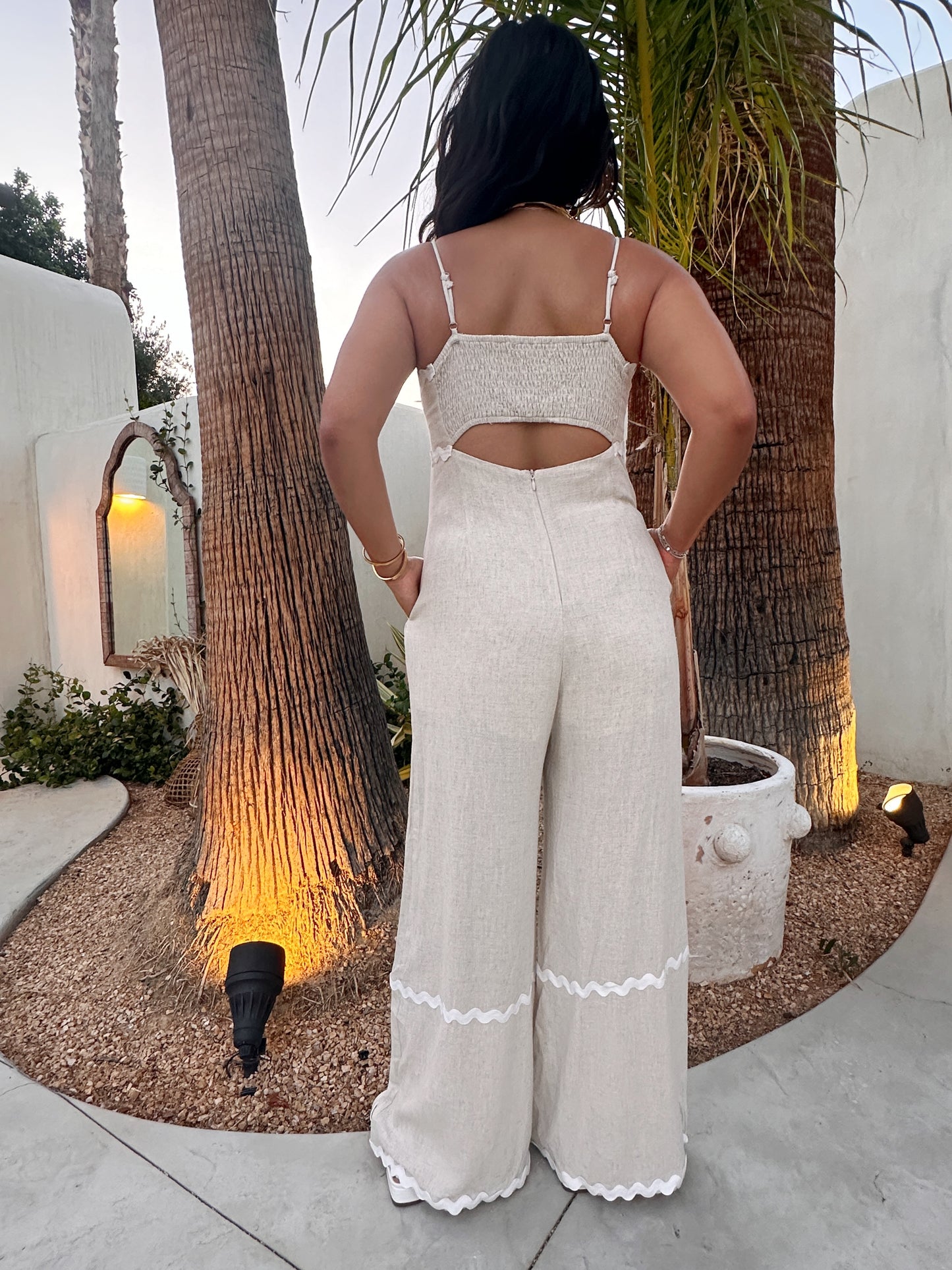 Beige Rickrack Trim Jumpsuit