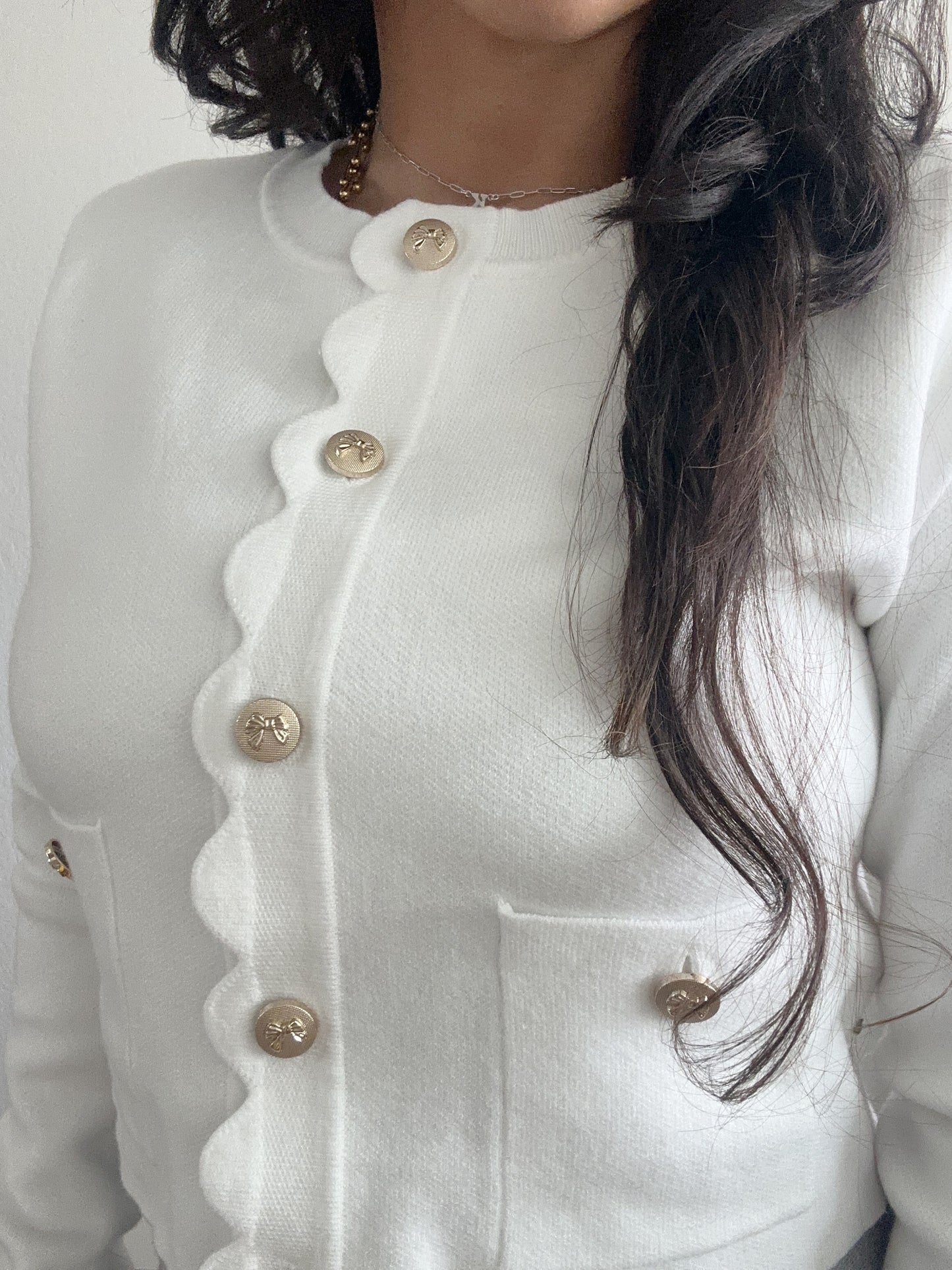 White Cardi + Bow Buttons