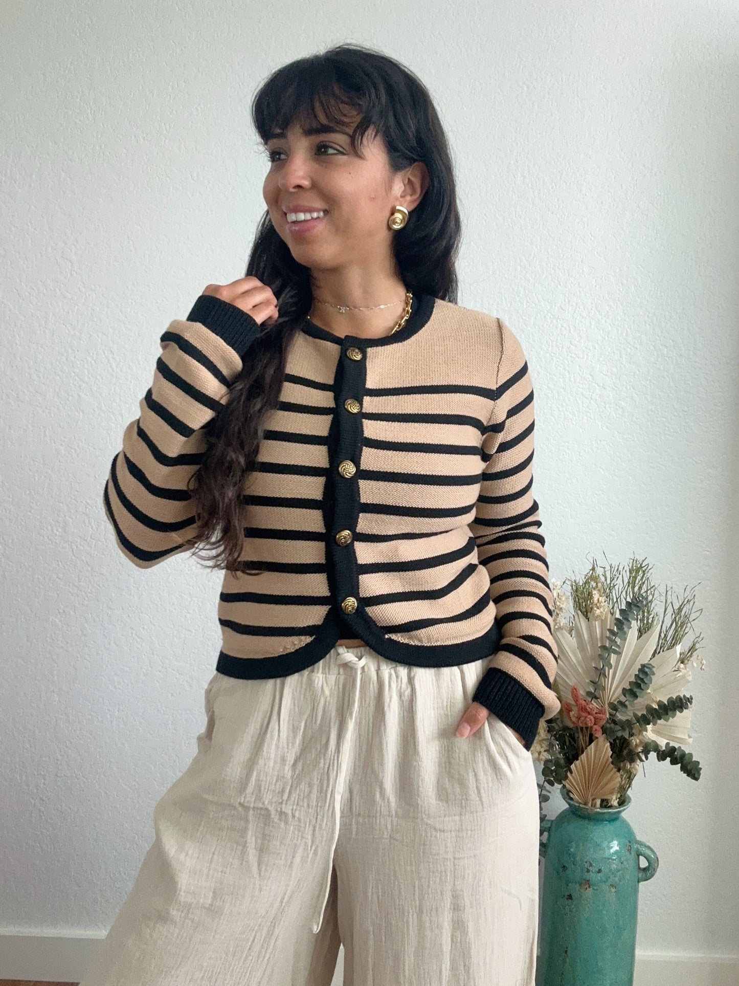 Khaki Black Stripe Knit Cardigan