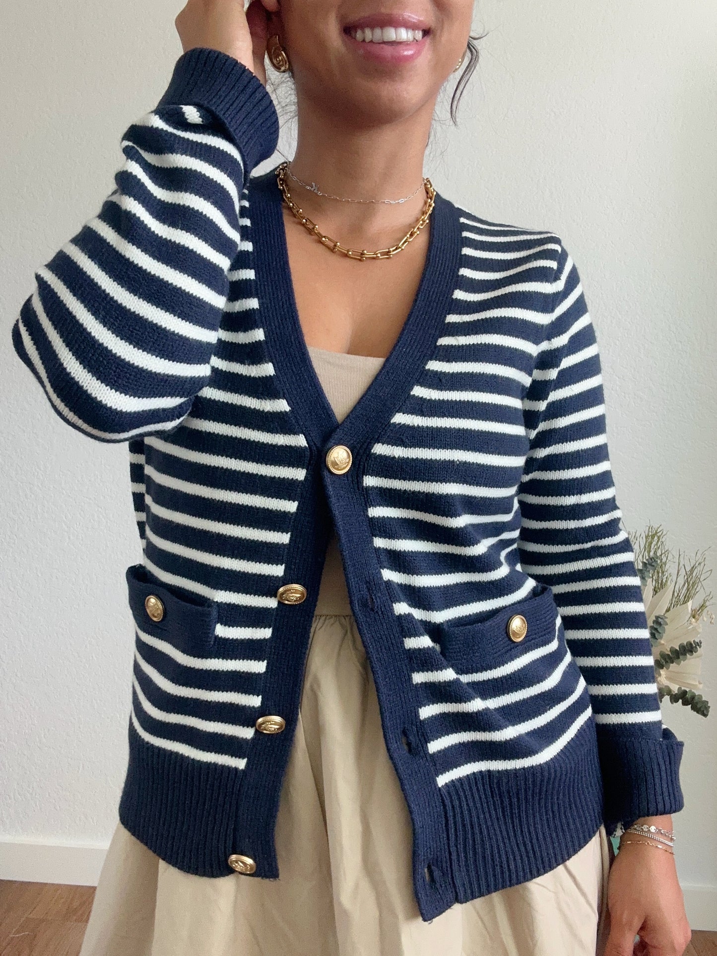 Navy Blue Striped Cardigan