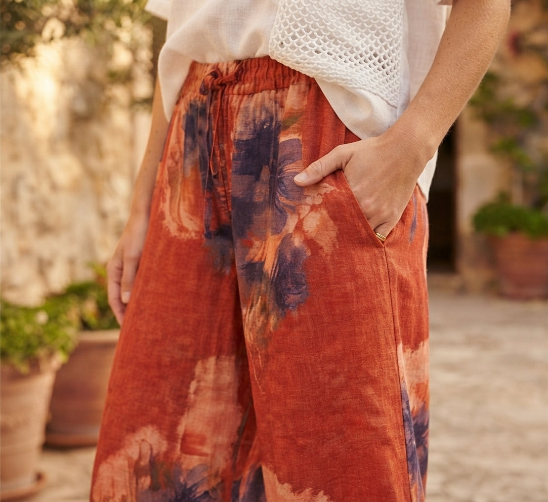 Floral Red Linen Pants