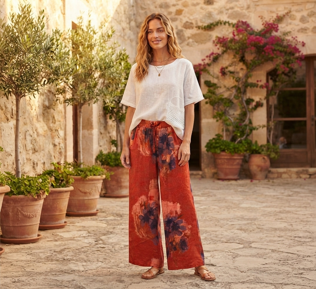 Floral Red Linen Pants