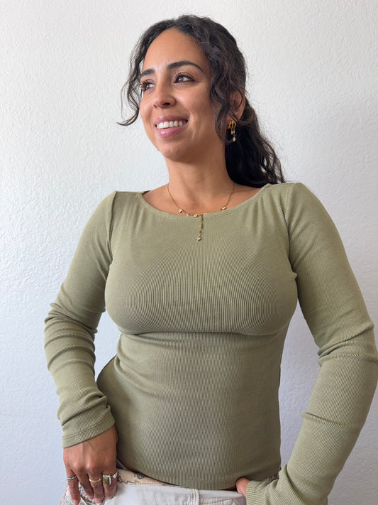 Sage Ribbed Long Sleeve Top