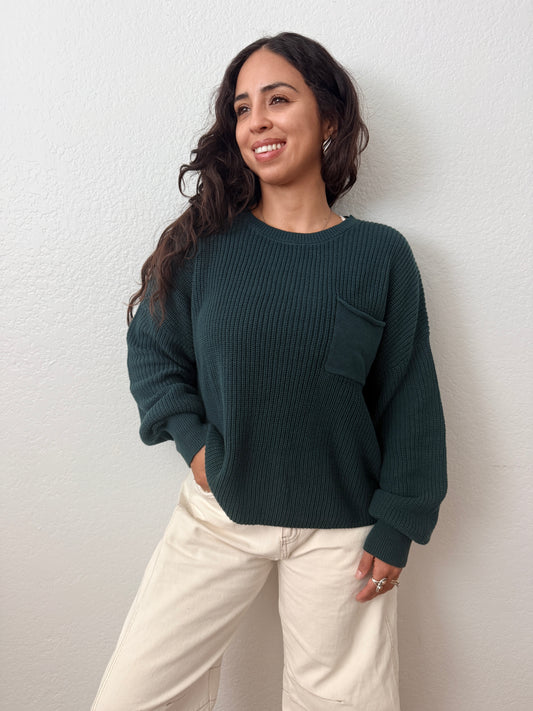 Hunter Green Cozy Cotton Knit Sweater