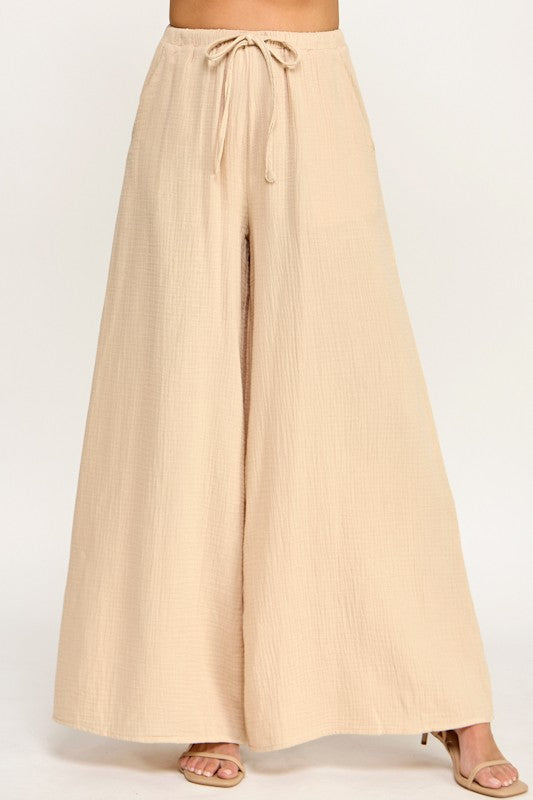 Beige Cotton Wide Leg Pants