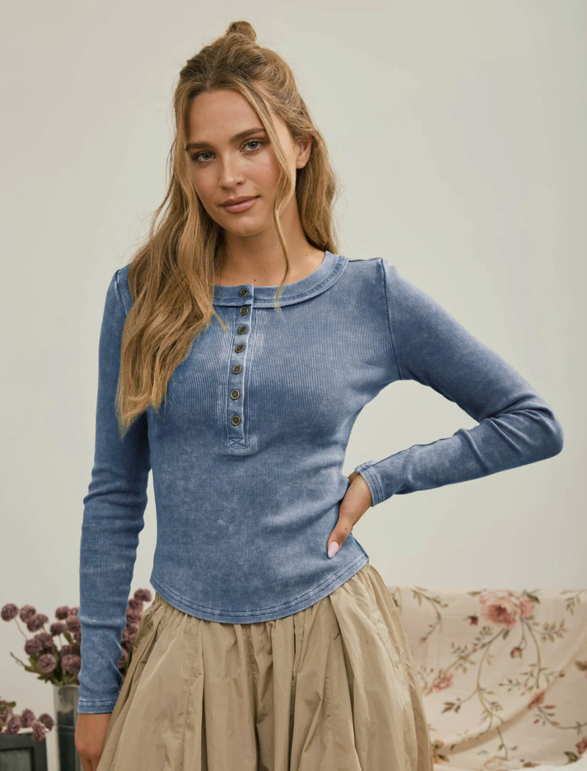 Denim Vintage Wash Long Sleeve Top
