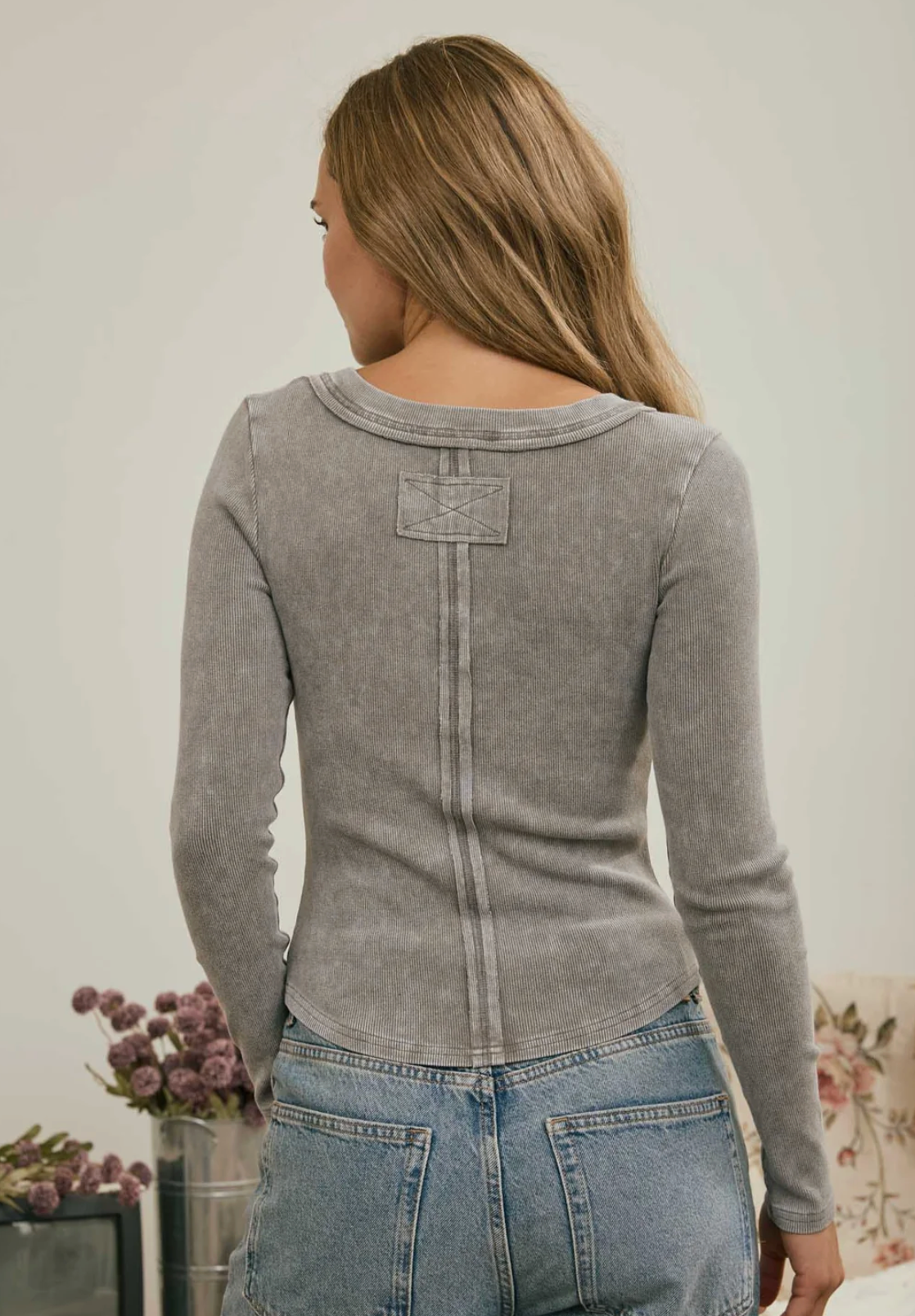 Grey Vintage Wash Long Sleeve Top