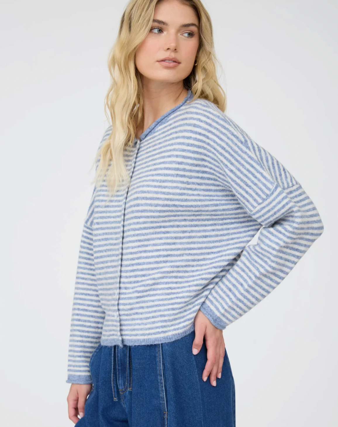 Blue Stripe Raw Edge Sweater