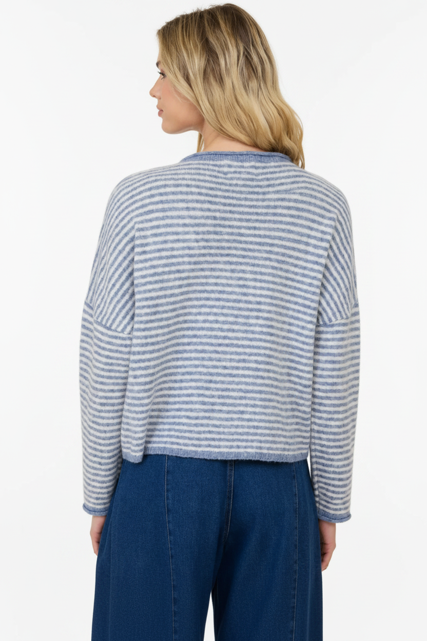 Blue Stripe Raw Edge Sweater