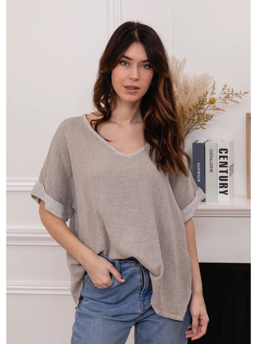 Taupe Cotton Linen Top