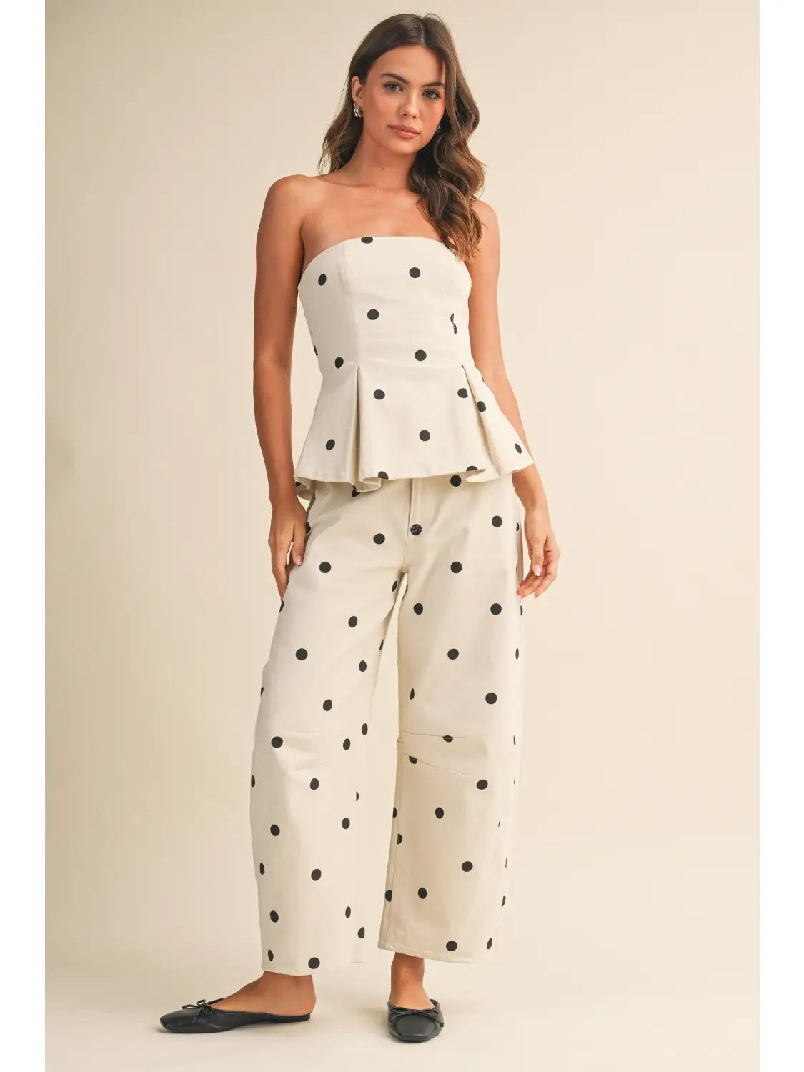 Cream Polka Dot Strapless Peplum Top