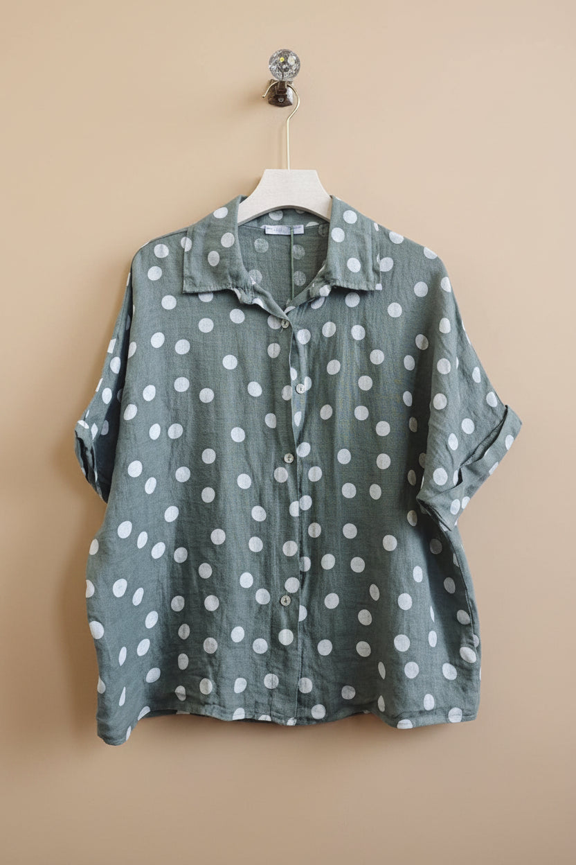 Forest Green Polka Dot Linen Top