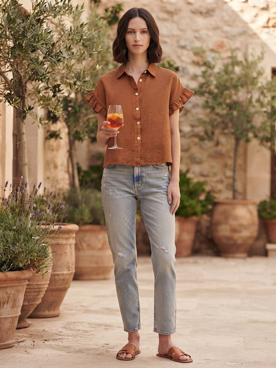 Ruffle Sleeve Linen Top