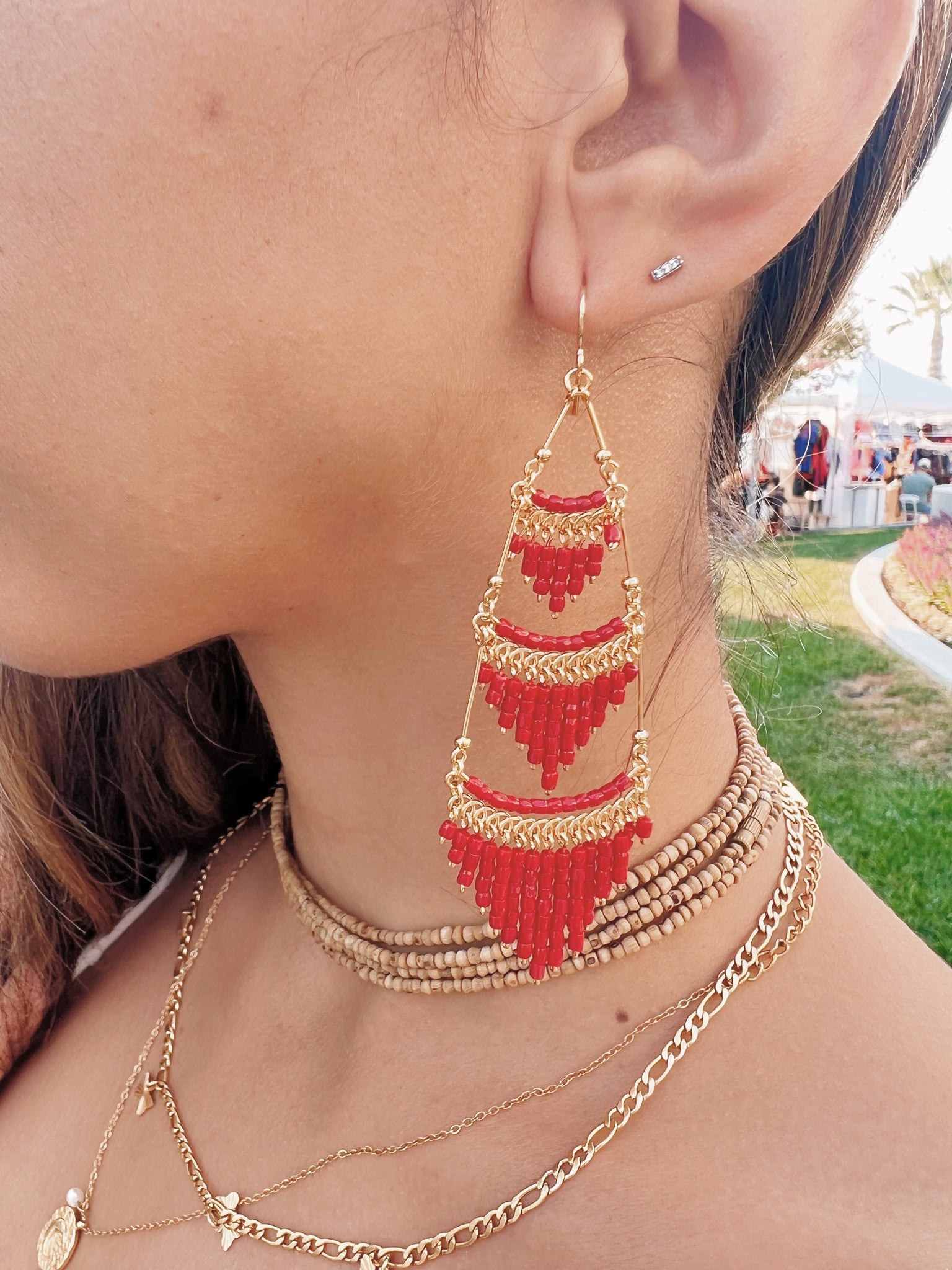 Tiered Beaded Red Dangles