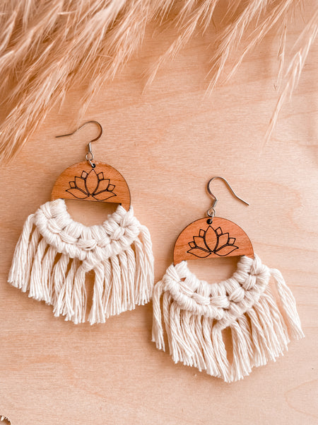 Lotus Wooden Macrame Earrings